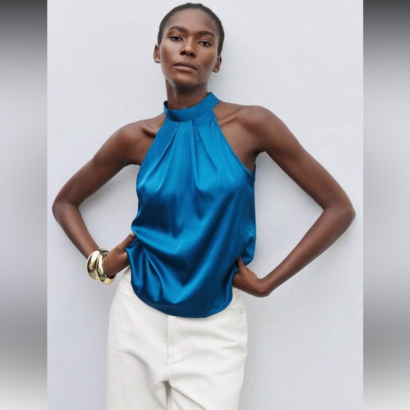 Teal Blue Satin Halter Blouse Top - Picture 9 of 15